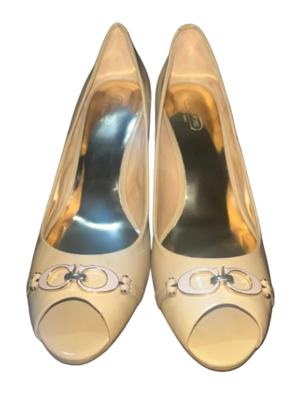 Coach Elora Patent Leather Peep Toe Wedge Heels - Tan Nude 11B LIKE NEW